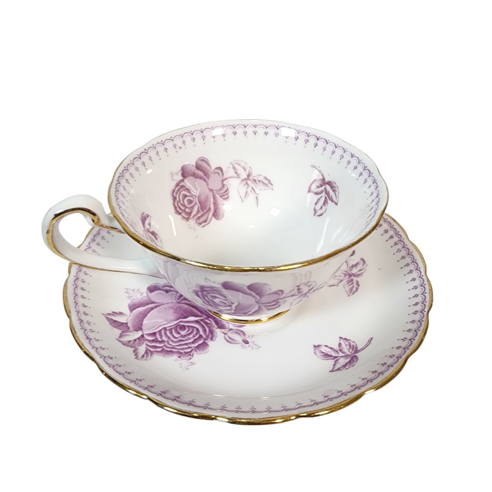 Royal Chelsea England Purple‎ Rose Teacup Saucer Gold Trim Vintage Bone China